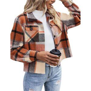 Cropped Womens Flannel Shacket Jacket Fashion Plaid Button Down